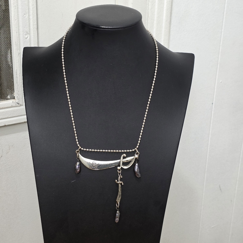 Vtg  Silver Pirate Sword Pearl Necklace